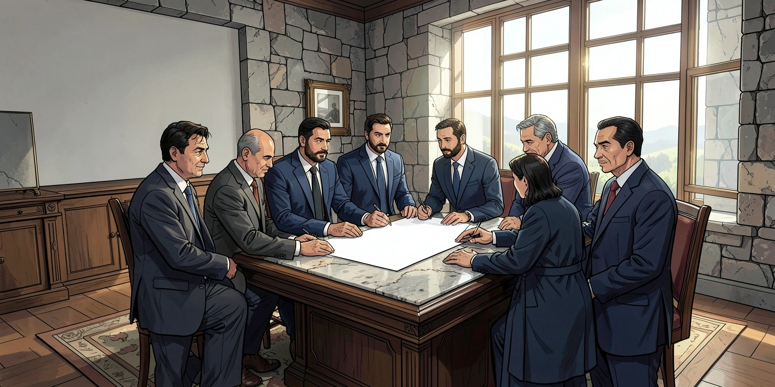 Um documento simbólico representa o tratado global em uma sala diplomática iluminada.