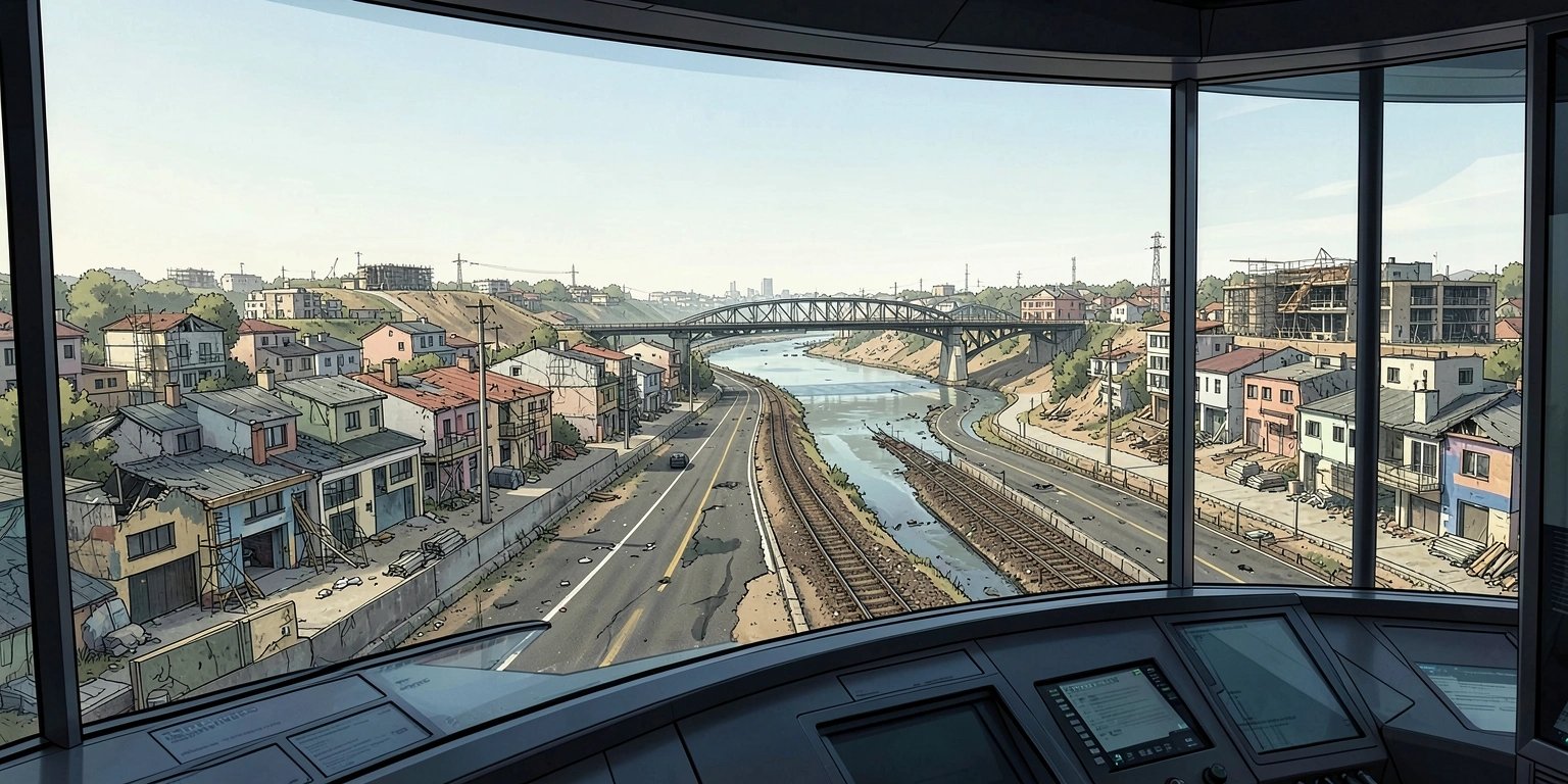 Um panorama claro apresenta um país fictício em reconstrução.